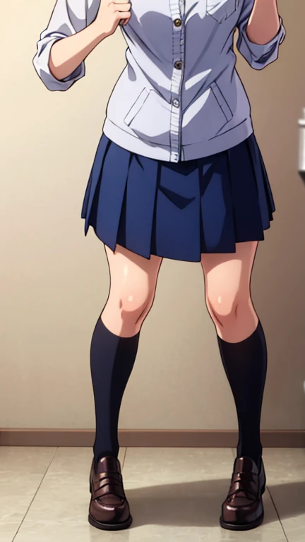 PlumpOzawa,1girl,
serafuku, neckerchief,
pleated skirt,
socks,shoes, full body view, chubby body, fat face, short hair, shy, small breasts, upskirt focus view, pink striped panties, wet panties, panties close focus, under view, skirt lift, wet legs