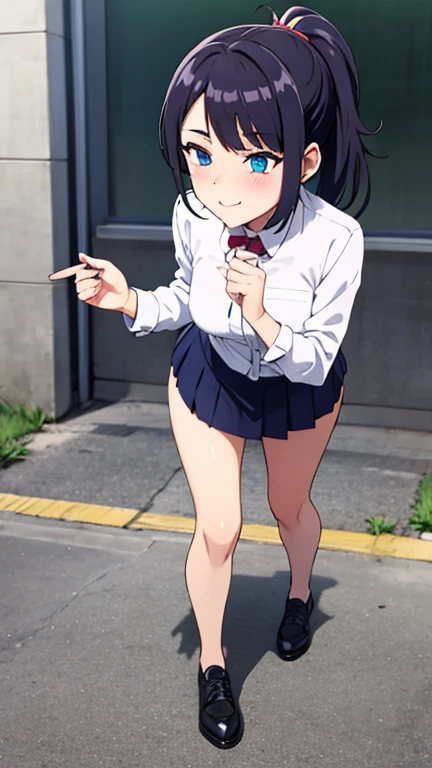 A woman in uniform is standing on the street,Very detailed CG Unity 8k 壁紙, Highest quality, Very detailed, masterpiece, Realistic, photo Realistic, Very detailedかわいい女の子, 18-year-old, (((スカートをLift it yourself))), (Lift it yourself),  panties , panties focus, blush, Part your lips, Looking at the audience  , Half Body Shot  , (crowd), (crowded parking lot) , Hair above one eye