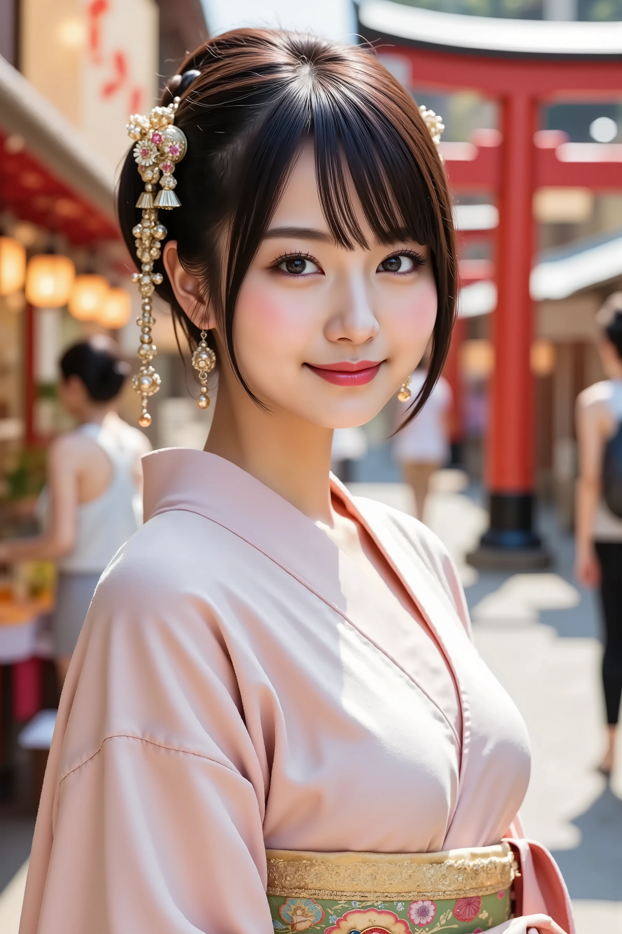 A highly detailed and ultra-realistic digital illustration of a beautiful young Asian woman, explicitly framed from just above her chest upwards, ensuring her entire head is fully visible, including the crown. Her delicate facial features are perfectly centered, with radiant, softly blushed skin and a bright, open smile revealing her teeth, giving a warm and joyful expression. Her naturally pink lips are slightly parted, showcasing a friendly and inviting smile. Her large, expressive eyes sparkle with life, framed by delicate eyelashes and subtle, elegant makeup, enhancing the liveliness of her expression.

Her sleek black hair is styled into an elegant high bun, carefully coiled into a traditional Japanese odango (bun) hairstyle. A pair of decorative hair sticks pierce through the bun, featuring intricate golden engravings and small dangling ornaments. Strands of hair softly escape from the bun, adding a natural touch to her refined appearance.

She wears an exquisite, traditional Japanese furisode kimono, adorned with intricate cherry blossom patterns and elegant golden embroidery, showcasing rich cultural aesthetics. The long, flowing sleeves add depth and grace to her appearance, while a vibrant obi belt with delicate embroidery enhances the authenticity of her attire.

The background features a lively Japanese festival scene, filled with glowing paper lanterns, vibrant red torii gates, and bustling festival stalls selling traditional street food and colorful decorations. Soft bokeh lights from distant festival lanterns create a warm, immersive ambiance, while a subtle golden glow highlights the intricate patterns of her kimono. The festive setting enhances the celebratory atmosphere, immersing the viewer in the rich tradition and beauty of a Japanese matsuri.

The overall image is crystal-clear, hyper-detailed, and rendered in stunning 8K resolution, ensuring breathtaking realism and depth.