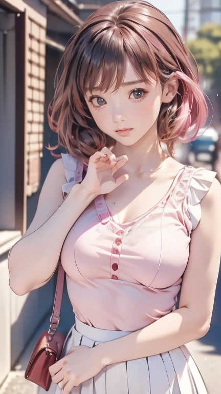 (masterpiece:1.2, highest quality), (Realistic, photoRealistic:1.4), Beautiful illustrations, (Natural Side Lighting, Cinema Lighting), 
Looking at the audience, Upper Body, (Front view), (1 girl:1.5), Japanese, cute girl, Perfect Face, Symmetrical cute face, Shiny skin, Baby Face, Tie your bangs back, Red eyes, Long eyelashes, (medium Breasts), (wide hips:1.3),plump thighs,Beautiful Hair, Beautiful Face, Fine and beautiful eyes, Beautiful clavicle, Beautiful body, Beautiful breasts, Beautiful thighs, Beautiful legs, Beautiful fingers,(Beautiful views),(Cute Smile, Upper Eye), 16 year old girl, (lightpink color,organic cotton thick checkered summer camisole dress: 1.5), (large head bow in same pattern:1.5), (fluffy semi-long hair,brown hair), summer,
