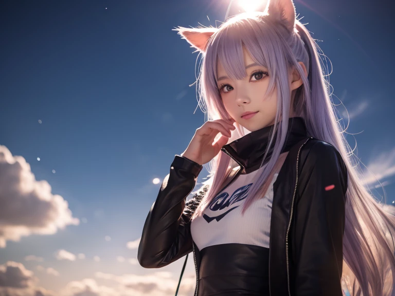 ＡＩBeauty、Prompto holding a cat、constellation、Night Sky、starry sky zoo、Real Beauty、Show off your whole body、Purple Hair、leggings、camisole、Spread your legs