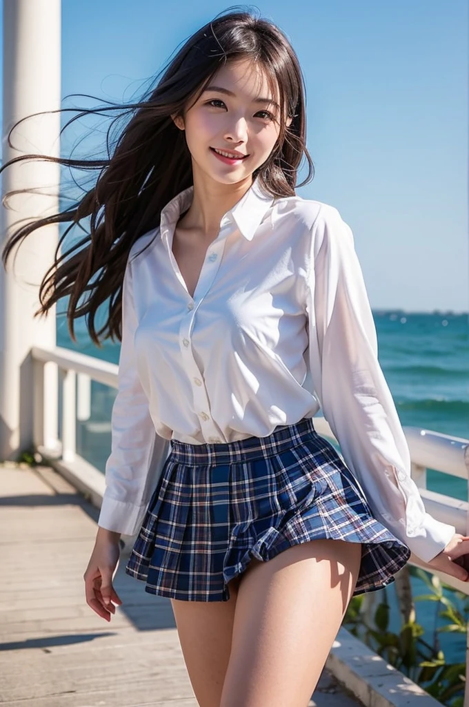 ultra highres,(reality: 1.4),highest quality, masterpiece, high detail, 16K quality, beautiful, 1 beautiful girl,japanese,super beautiful face,,japanese idol face,cute face,super detailed face,detailed hand,beautiful skin,sweaty skin,big eyes,big smile,profeccional lighting,medium hair, black hair,brown beautiful eyes, white shirt,bowtie,brown checked skirt,standing,skirt lift,((wind lift:1.3)),(((show off panties))),((white panty)),medium breasts,she is looking at the camera,beach,blue sky, beautiful blue ocean,nsfw,from front,