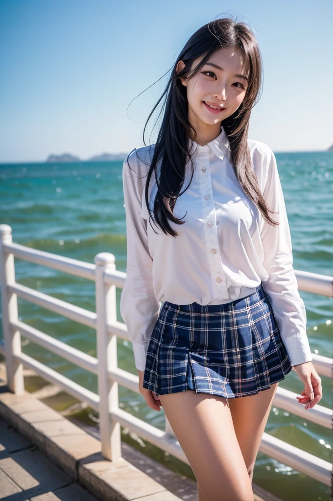 ultra highres,(reality: 1.4),highest quality, masterpiece, high detail, 16K quality, beautiful, 1 beautiful girl,japanese,super beautiful face,baby face,japanese idol face,cute face,super detailed face,detailed hand,beautiful skin,sweaty skin,big eyes,big smile,profeccional lighting,medium hair, black hair,brown beautiful eyes, white shirt,bowtie,brown checked skirt,standing,skirt lift,((wind lift:1.3)),(((show off panties))),((white panty)),medium breasts,she is looking at the camera,beach,blue sky, beautiful blue ocean,nsfw,from front,