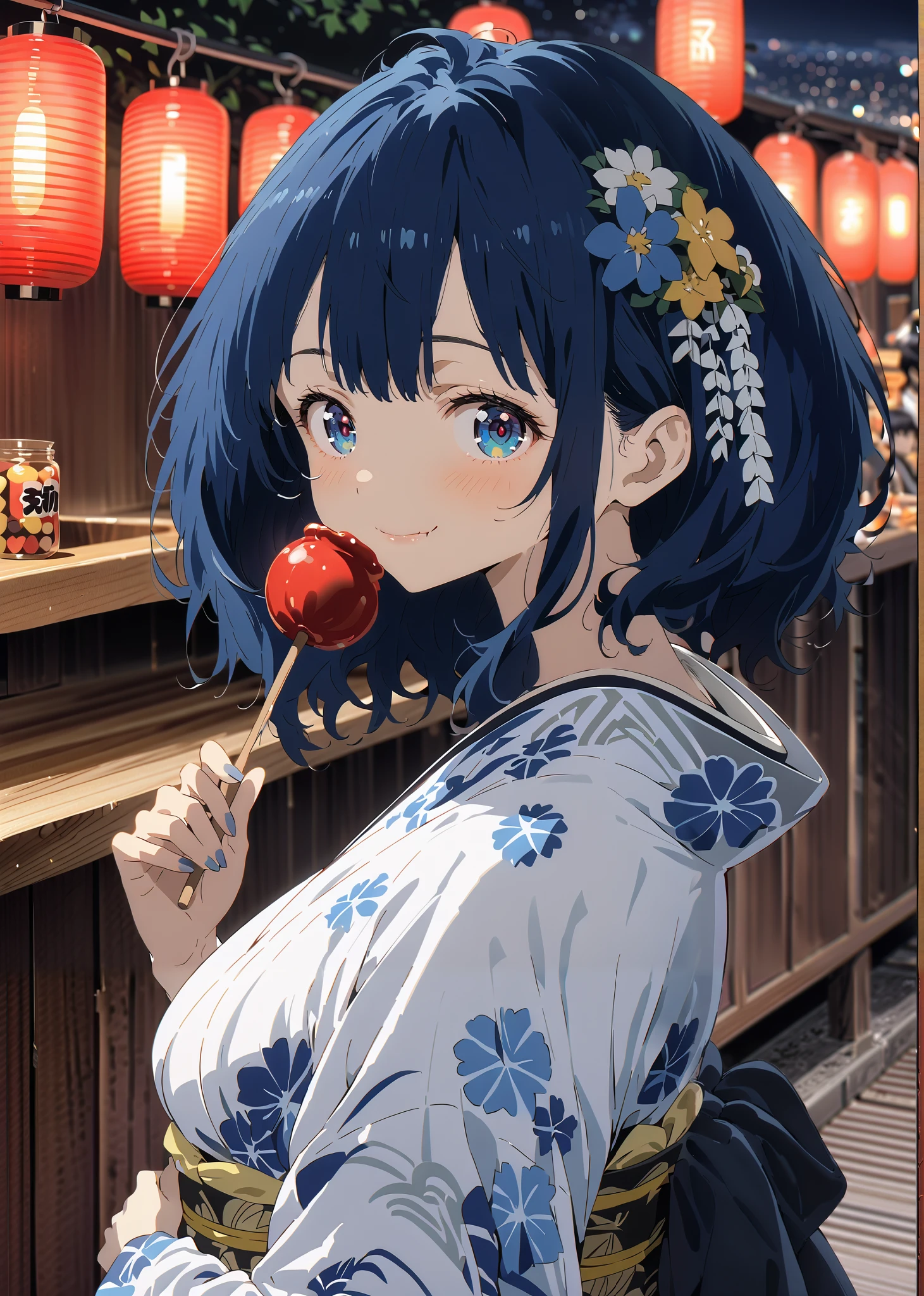 score_9, score_8_up, score_7_up, source_anime, Anayanami ,side lock,Single dumpling hair , Nape,flower hair ornament,blue eyes, stupid hair, blue hair,Big Breasts,smile,cover,Blue flower pattern kimono,turns around,Holding a candy apple with a stick in one hand,eating apple candy,Light up fireworks,Japanese stalls ,night,綺麗なnight景,mysterious,is standing,Red Lantern,fair,full bodyがillustrationsに入るように,break outdoors, Japanese festival,
break looking at viewer,full body,
break (masterpiece:1.2), best quality, high resolution, Unity 8k Wallpaper, (illustrations:0.8), (beautiful detailed eyes:1.6), very detailed face, so that it fits into the illustration, extremely detailed CG, (curved body, perfect anatomy from a shellfish),