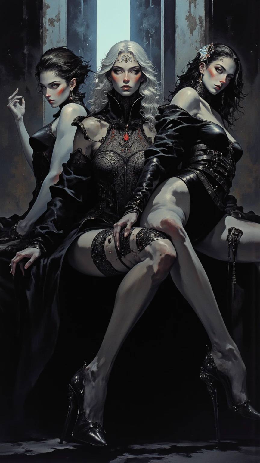 Emma Frost, the White Queen of Marvel, is together with Madelyne Pryor the Goblin Queen and Psylocke of Marvel is with them, they are y and seductive, with a lascivious and provocative appearance, Goblin Queen of the X-Men is sitting on a luxurious chair, Psylocke is standing, Emma Frost is standing sensually leaning against an ancient ruin, they are sensualizing. Topless, biguxury mansion, detailed window. Work of art, UHD, ultra detailed, perfect bodies, beautiful legs.