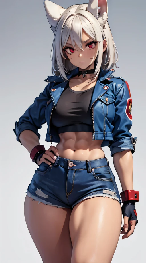 well, choker, 1 girl, standing alone, clothes open, micro shorts, undersized clothes, frilled jeans, looking ahead at viewer, へそ, White background, red, scar on the face, red gloves, scar on cheek, muscular female, , hand on hip, black choker, open jacket, cropped jacket, thicc thighs grossas, thick thighs, thigh gap, white hair, gloves fingerless, sports well, shorth hair, thicc thighs, muscular female, Blue jacket, (((standing backwards))), big-ass, focus on the ass, mirko mha
rabbit ears,rabbit girl,abs, muscular female,red eyes, dark-skinned female,dark skin,animal ears,white hair, ((long legs__ toned body
