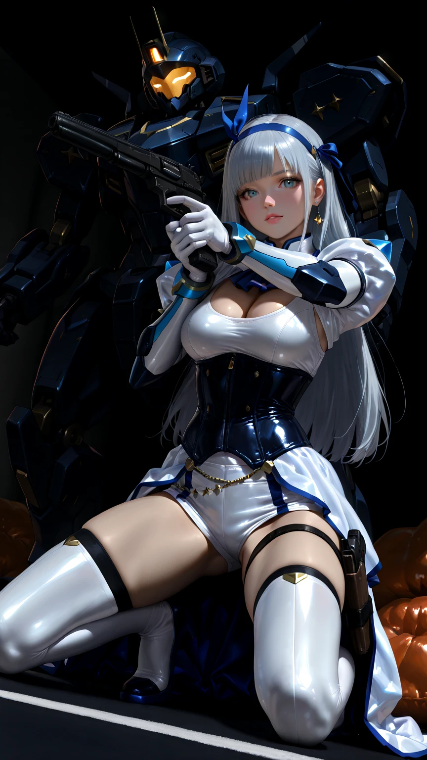 (highest quality)), ((masterpiece)), (Very detailed: 1.3), 3D, {(Young girl)}, Wearing a white frilly Gothic Lolita outfit, (She is fused with a Gundam mecha from the future..), With headgear, With V-fin , Armored Shoulders,Armed, Armor at the feet, Multi-layer texture perfect ratio, Octane Rendering, Duotone Lighting, Low ISO, wide aperture, White balance, Three-part method, Ultra HD 16k, High resolution (High Dynamic Range), Ray Tracing, NVIDIA, Super Resolution, Scattered under the surface, PBR Texturing, Post-processing, Anisotropic Filtering, Written boundary depth, Maximum clarity and sharpness, Highly efficient subpixels, Subpixel Convolution, Particles of light, Scattered Light, Tyndall effect, whole body:1.5, Combat pose, cute, (cute:1.2), (Bobcut:1.3),Braiding, Black Hair, Thick eyebrows, Pale-colored iris, big, Bright black eyes, Long eyelashes, small, Bright colors, Natural lips, (The average face of a Japanese idol), (日本人特有のBaby Face:1.3), (Baby Face), Wide forehead:1.2, Plump Cheeks, small jaw, Visible side boob, (Has a huge weapon:1.5), In the Hangar,View your audience,Focus on the eyes , (Four perfect fingers, One thumb),