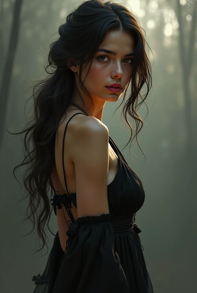 a beautiful shemale with long flowing hair, stunning eyes, full lips, delicate facial features, elegant pose, wearing an intricate lace dress, in a magical forest setting, dramatic lighting, (best quality,8k,highres,masterpiece:1.2),ultra-detailed,(realistic,photorealistic,photo-realistic:1.37),cinematic,chiaroscuro,dramatic lighting,moody atmosphere,fantasy,elegant,alluring,captivating, body shot