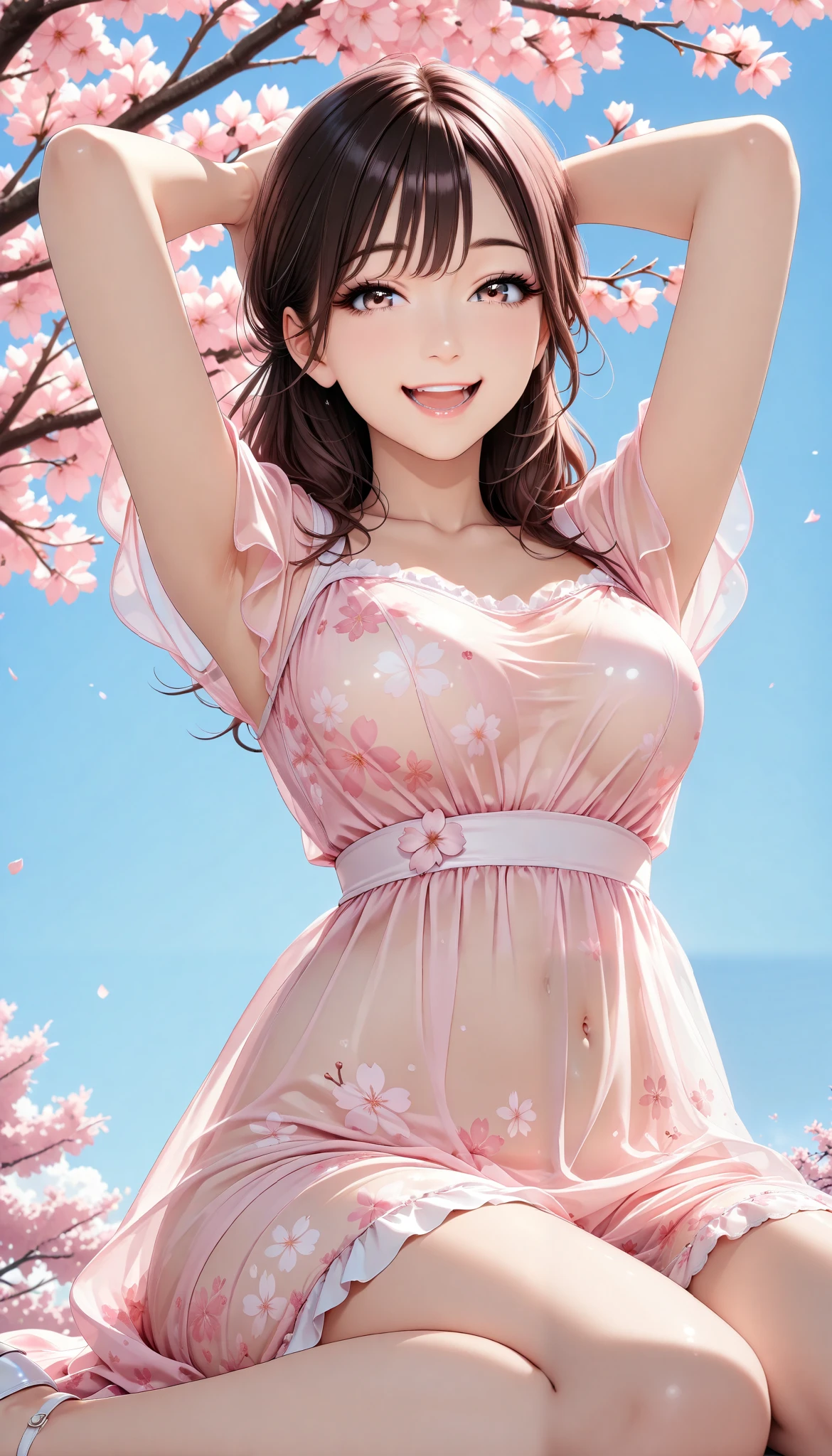 1 Beautiful Girl , Cherry Blossom Dressの女性, ( laugh, older), beautiful eyes, glossy lips , very detailed顔, long eyelashes, ( wariza, with hands behind head), face close-up, sexy, slender body, (Cherry blossom texture, Cherry Blossom Dress, Spring outfit, Sakura Costume, Cherry blossom pattern, elegant, Cherry blossom motif dress, cherry sheer tunic, see-through), under a cherry tree, (blue sky background, Cloudless sky), spring cherry blossom viewing background, (best quality:1.2,very detailed,CG illustration,masterpiece:1.2,best aesthetics),