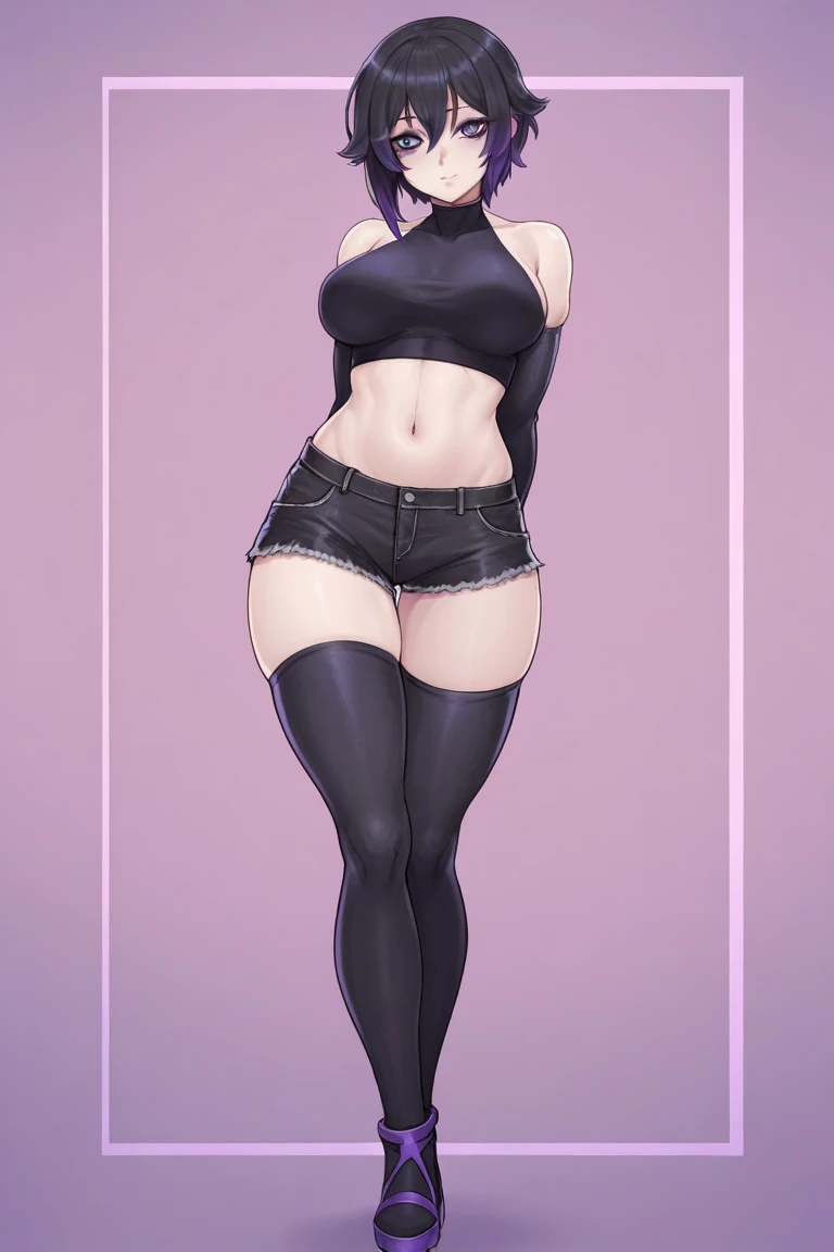 (masterpiece), (best quality), ((ultra-detailed)), (high resolution), (an extremely delicate and beautiful, super fine illustration), official art, BREAK (1girl), (loli:1.8), (tiny girl:1.6), (8yo) (medium breasts:1.4), (Thick thighs:1.8), (big ass:1.5), oily skin, pure white skin, fangs, (hot pink eyes:1.3), (seductive mood:1.5), (clear face:1.5), (squinted eyes:2.1), BREAK (long messy hair:1.3), silky hair, messy hair, Black hair color, BREAK (black silk sport bra:1.7), (black fingerless elbow gloves:1.6), (black tight sport underwear:1.5), (black thigh high lace up boots:1.4), (front view:1.5), full body,