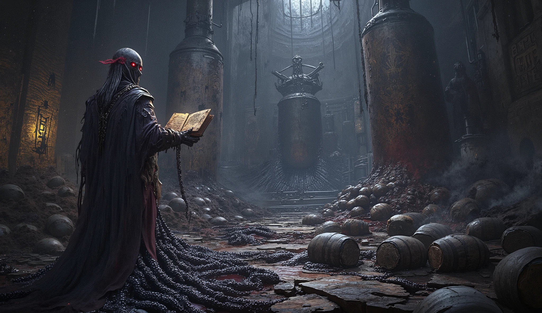 Within the shadowed and cavernous confines of a decayed brewery, an ominous scene of dark fantasy and horror unfolds. Massive lauter tuns and fermentation tanks dominate the space, their surfaces corroded and slick with rivulets of black, thick beer that ooze with an unsettling vitality. The floor is awash with the viscous liquid, pooling into unnatural, writhing shapes, as though alive with some eldritch will. Broken wooden barrels spill their cursed contents, and the air hangs heavy with the sour stench of fermentation mixed with the metallic tang of dread.
At the heart of this corrupted brewery, a lone woman stands as a figure of defiance and despair. Draped in robes tattered by time, she clutches an ancient tome bound in leather and adorned with glowing, cryptic runes. The book emits a sickly, pulsating light that struggles against the suffocating darkness, casting long shadows that flicker and shift across the walls. Surrounding her, the black beer rises in tentacle-like forms, writhing and reaching as though it seeks to claim the book—and her—for its own sinister purpose.
Towering in the foreground, the dark knight looms, his blackened armor dripping with the cursed brew. His crimson eyes burn with malevolence, their glow cutting through the gloom as he stands as both a sentinel and a harbinger of doom. The brewery itself feels alive, its cracked stone walls etched with ancient symbols of forgotten brewing rites, and its machinery groaning with the echoes of a terrible summoning. Every detail within the scene—every barrel, vat, and drop of beer—breathes with an intricate and menacing symbolism, crafting an atmosphere of profound dread and otherworldly terror.