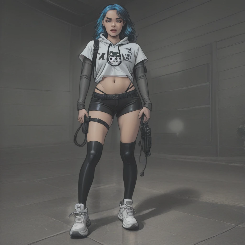 masterpiece, realistic photography,full body, best quality,1 women, gas mask, neonpunk style,wall graffiti, short pixie cut hair styles, tattoo , Small and petite body shape,Wearing a mechanic's uniform,
