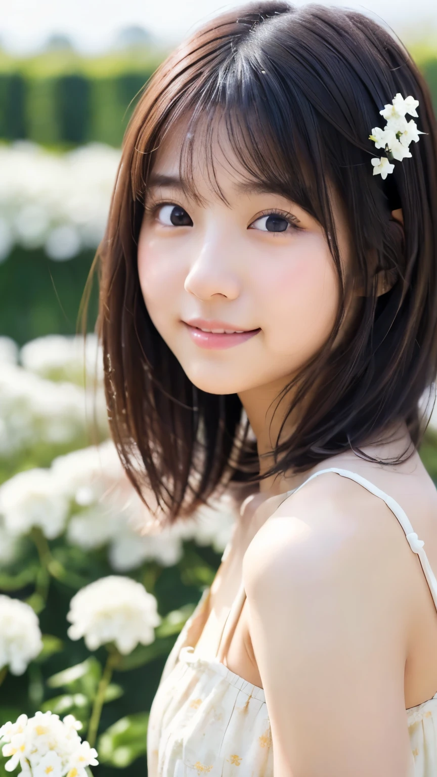 highest quality, High resolution, Realistic photo, Detailed skin texture, (Cute 12 year old Japanese girl wearing a lacy white camisole), (Flat Chest:1.5), To the camera, Slim figure, Fair skin, View your viewers, Focus on the face, In the park with cherry blossoms falling, (loli:1.2), Hair in close-up