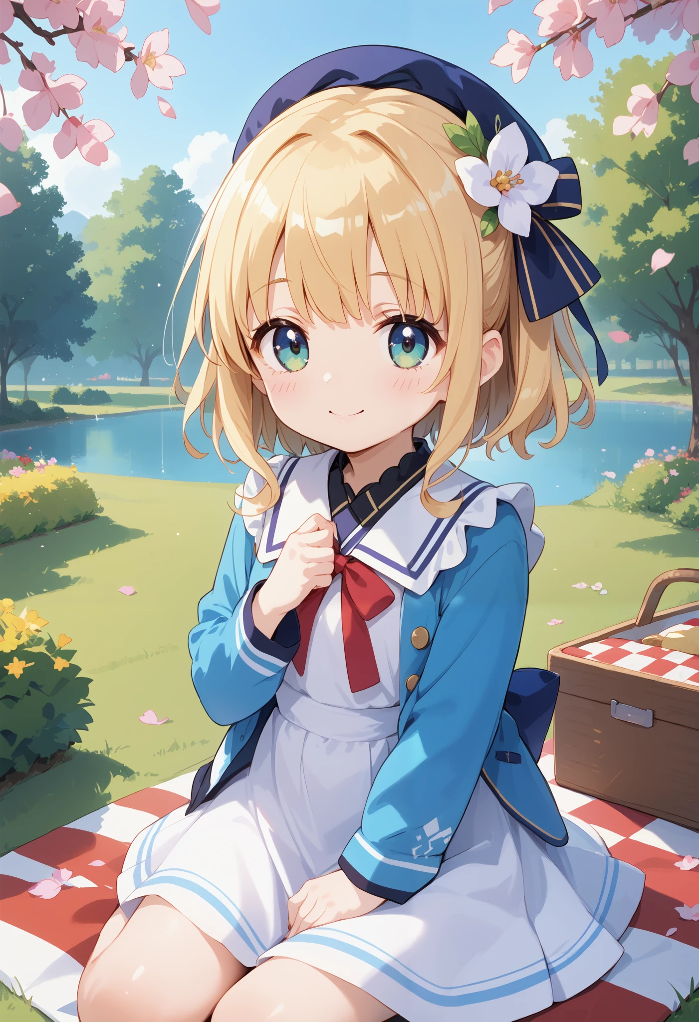 3 anime-style girls are enjoying a picnic at the park during spring break、Cherry blossoms dance 、Surrounding bento boxes and snacks with smiles、everyday anime style。