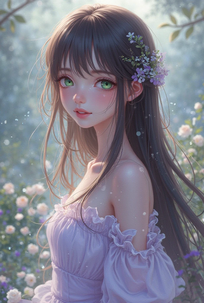（MASTERPIECE）8K解像度、Beautiful girl loving flowers、Beige brown、long hair、Floral hair ornament on the head、Green eyes、adorable face、model style、Fantasy style、