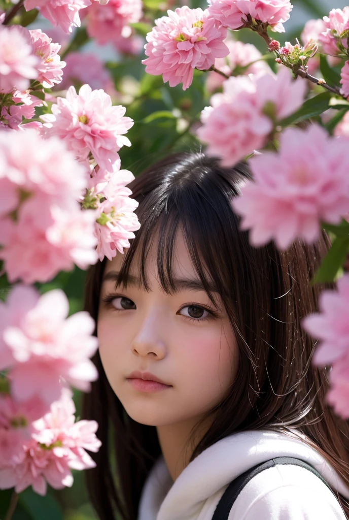 (Best Quality Detail:1.2), realisitic, 8K UHD, high resolution, Fuji Film(Medium format), Hasselblad, Carl zeiss, Incredible dynamic range photography(UTIL_Art by Smoose-768:1.1), (1girl in:1.2), The ultra-detailliert, High quality textures, intricate detailes, detaileds, Very detailed CG, High quality shadows, Detail Beautiful delicate face, Detail Beautiful delicate eyes, depth of fields, Ray traching, 30 years old, Pretty Japanese Girl, Slender face, Glossy lips, glow eyes, perfect body, look at viewer, (Jewelry Accessories), (Eye color brown), (Bright red flower hair ornament), (White long hair), (Layered Hair Style), (Black Gothic Lolita), White flowers bloom all over the wall