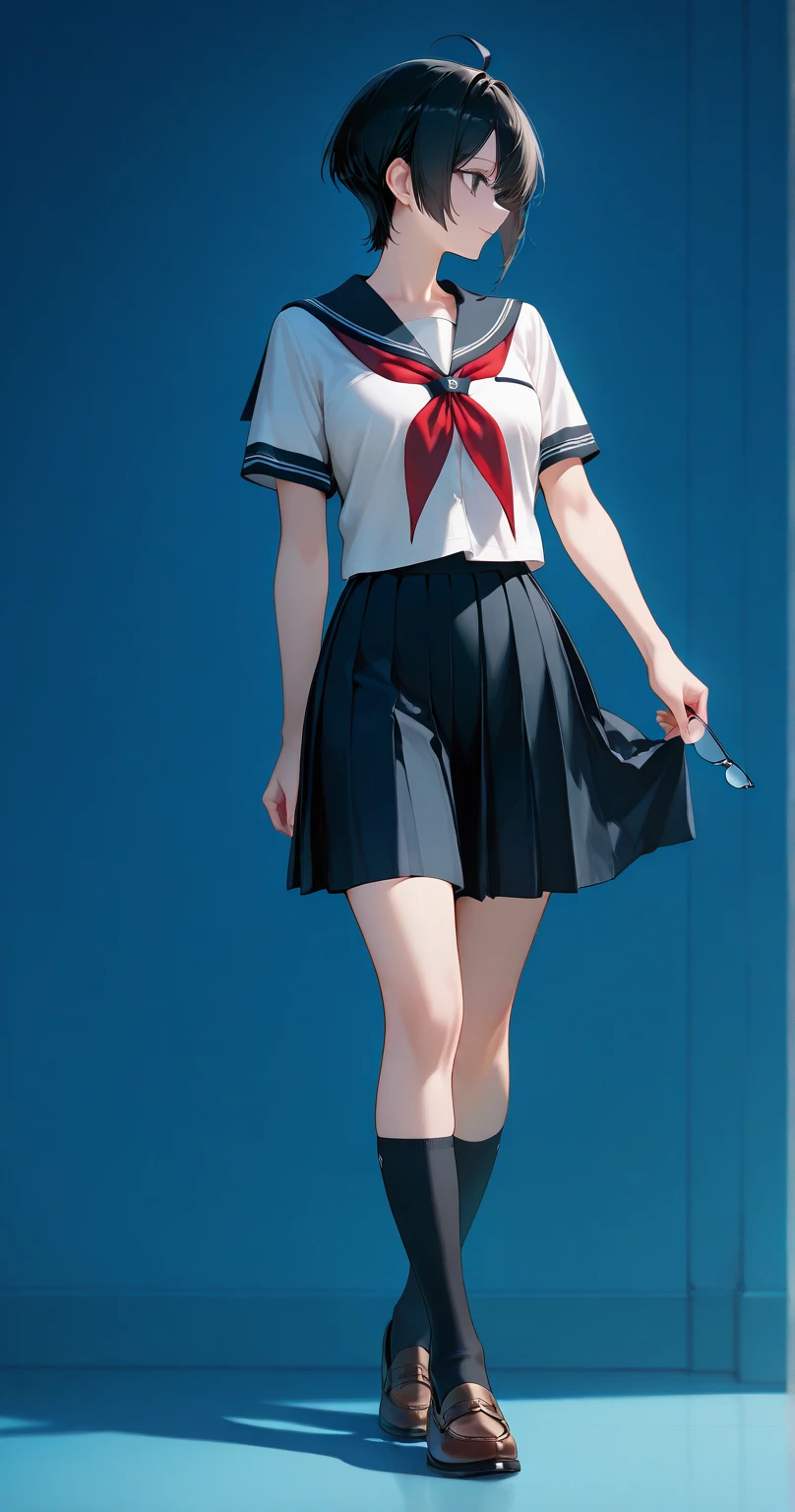 ((top quality, ultra-detailed, high resolution, extremely detailed CG, unity 8k wallpaper, by famous artist, perfect anatomy, super detailed skin, cinematic lighting, UHD, retina, anatomically correct, 1080P)), (Please draw a single one happy girl walking in a classroom school:1.3), a junior high school student, ((cute petit girl, chibi, babyface)) androgynous charm, ((1girl)), (( face:2.0), smile, ((Kiki)), ((short hair)), ((brown hair)), ((black eyes)), ((hair red bow)), ((clear forehead)), ((black dress)), ((brown footwear)), ((very thin legs)), ((skinny legs, thin body, small build)), Full limbs, complete fingers, ((perfect fingers and hands)), flat chest, small breasts, ((childish body:1.3)), small butt, groin, ((sailor school uniform)), ((blue skirt)). ((white blouse)), ((red bow on the blouse)), ((blue sailor collar)), short sleeves, stockings, socks outlined with black stripe, shoes, (Detailed Lighting), ((classroom background)), (Detailed scenary background), ((in the school zone)), full body view, ((standing)), legs. Cute, kawaii single girl (one girl), full body shot. ((Background is the school)), front body, ((A natural, correctly proportioned hands)), (()), ((Latin American face))