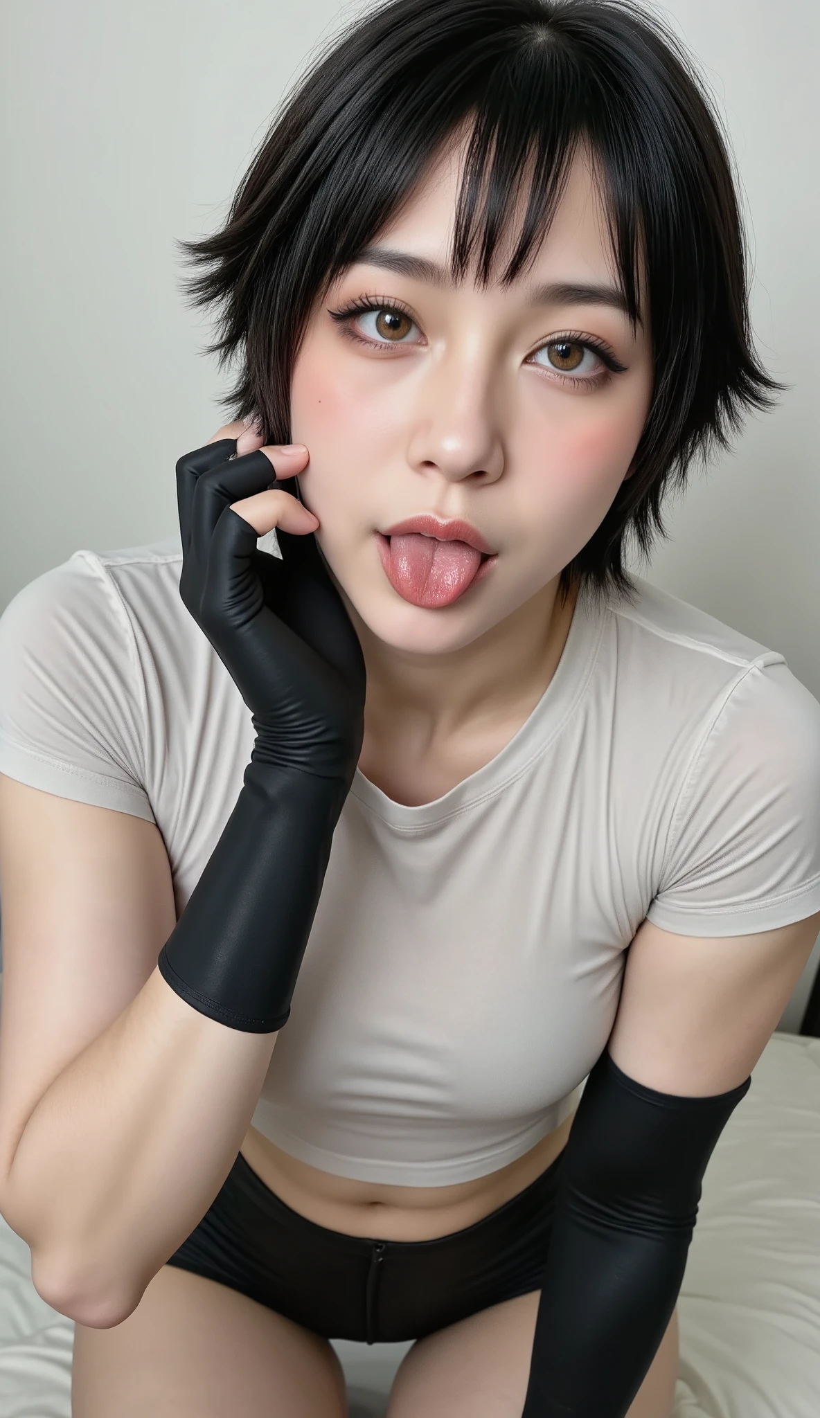 perfect Chinese, athletic and slim body, short hair with a modern cut, wearing leggings and a light T-shirt, makeup with strong blush: 1. 5, perfect long, strong and thick winged eyeliner, tongue out, beautiful eye detail, upper body composition, perfect full red lips, lively face, lush look, perfection, skin detail, refined eyeliner, perfect composition, nsfw: 1.3, tongue out: 1.3 beautiful and perfect eyes, with black light fabric gloves, in a photo studio