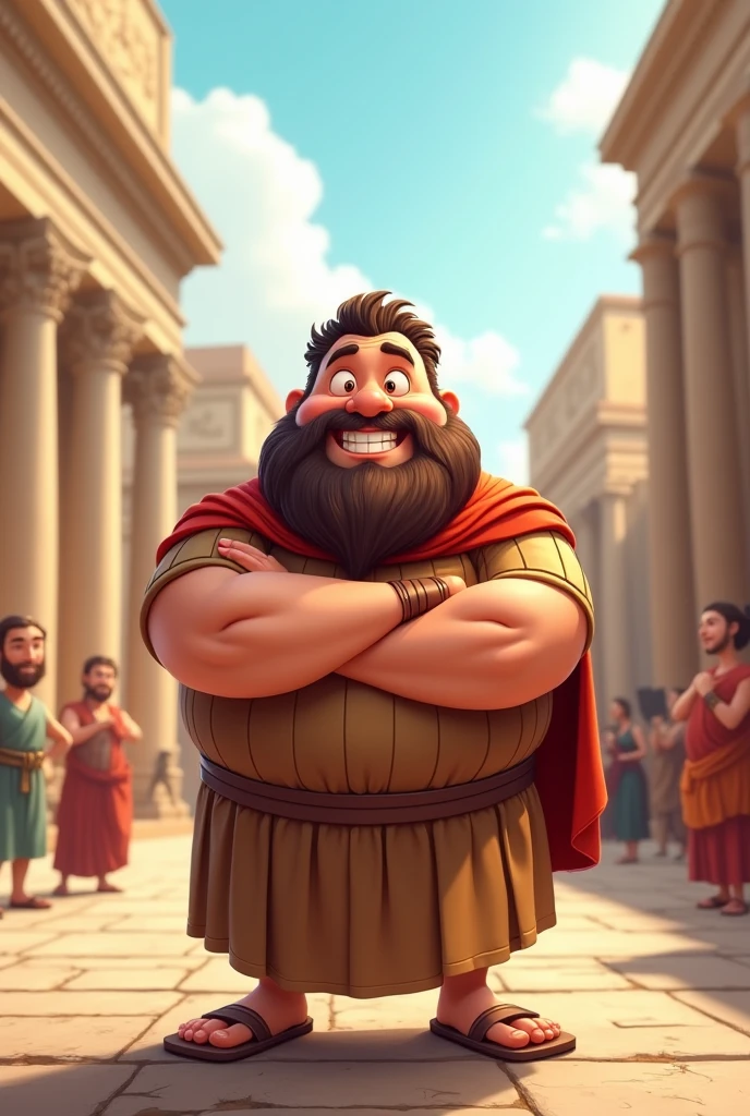 A fat king with a crowned upper body naked walks the street,His people laughed at him