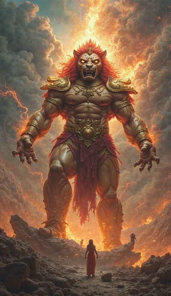 wrathful man, muscular build, ochre yellow skin, angry face, scarlet long hair and beard, tigerskin kilt, standing menacingly over throne. holding an iron hook and crystal. alphonse mucha art nouveau style