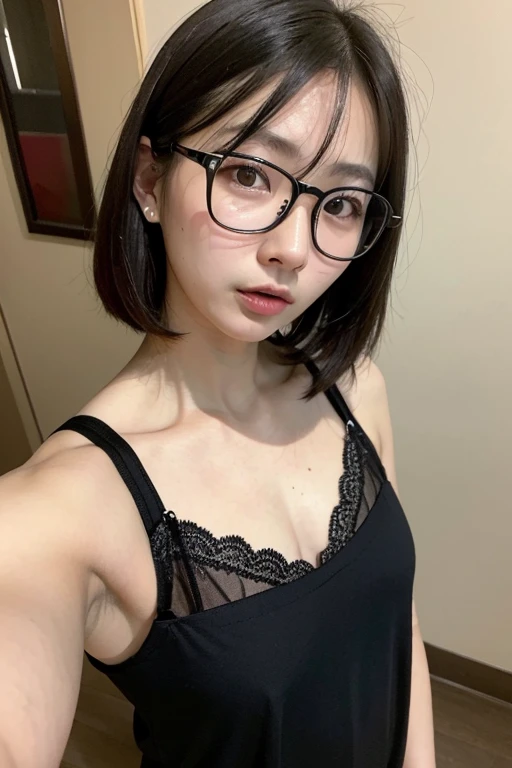 ((Highest quality, 8K, masterpiece: 1.3)), concentrated: 1.2, Perfect Body Beauty: 1.4, ((Layered Haircut,Small breasts: 1.2)), (Flower Shop :1.3), (Black see-through shirt, Rimless glasses : 1.3) valley,　A shy smile,Highly detailed face and skin texture, Simple Necklace, (Beautiful, clear black eyes:1.3), double eyelid ,White skin, medium brown bob hair, golden ratio, (shut up: 1.3),
