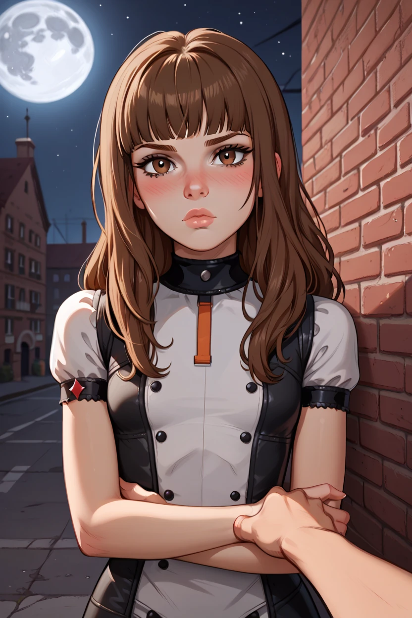 score_9, score_8_up, score_7_up, 
1girl, (man's arm reaches towards girl), ((kabedon pov)), ((Caucasian)), western features, white girl, ((youth, slender body)), ((((short girl))), dark preppy uniform, bashful posture, blushing, shy expression, pouting, (long brown hair, straight brown hair, bangs), (brown eyes), ((textured bangs)), full lips, small breasts, (masterpiece, best quality), erotic, dark night, full moon, high contrast, leaning against a brick wall, urban alleyway with graffiti art, moody lighting with shadows