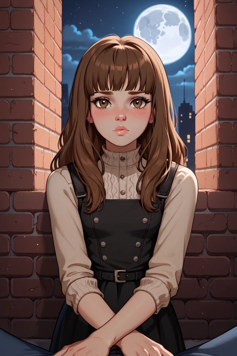 score_9, score_8_up, score_7_up, 
1girl, (man's arm reaches towards girl), ((kabedon pov)), ((Caucasian)), western features, white girl, ((youth, slender body)), ((((short girl))), dark preppy uniform, bashful posture, blushing, shy expression, pouting, (long brown hair, straight brown hair, bangs), (brown eyes), ((textured bangs)), full lips, small breasts, (masterpiece, best quality), erotic, dark night, full moon, high contrast, leaning against a brick wall, urban alleyway with graffiti art, moody lighting with shadows