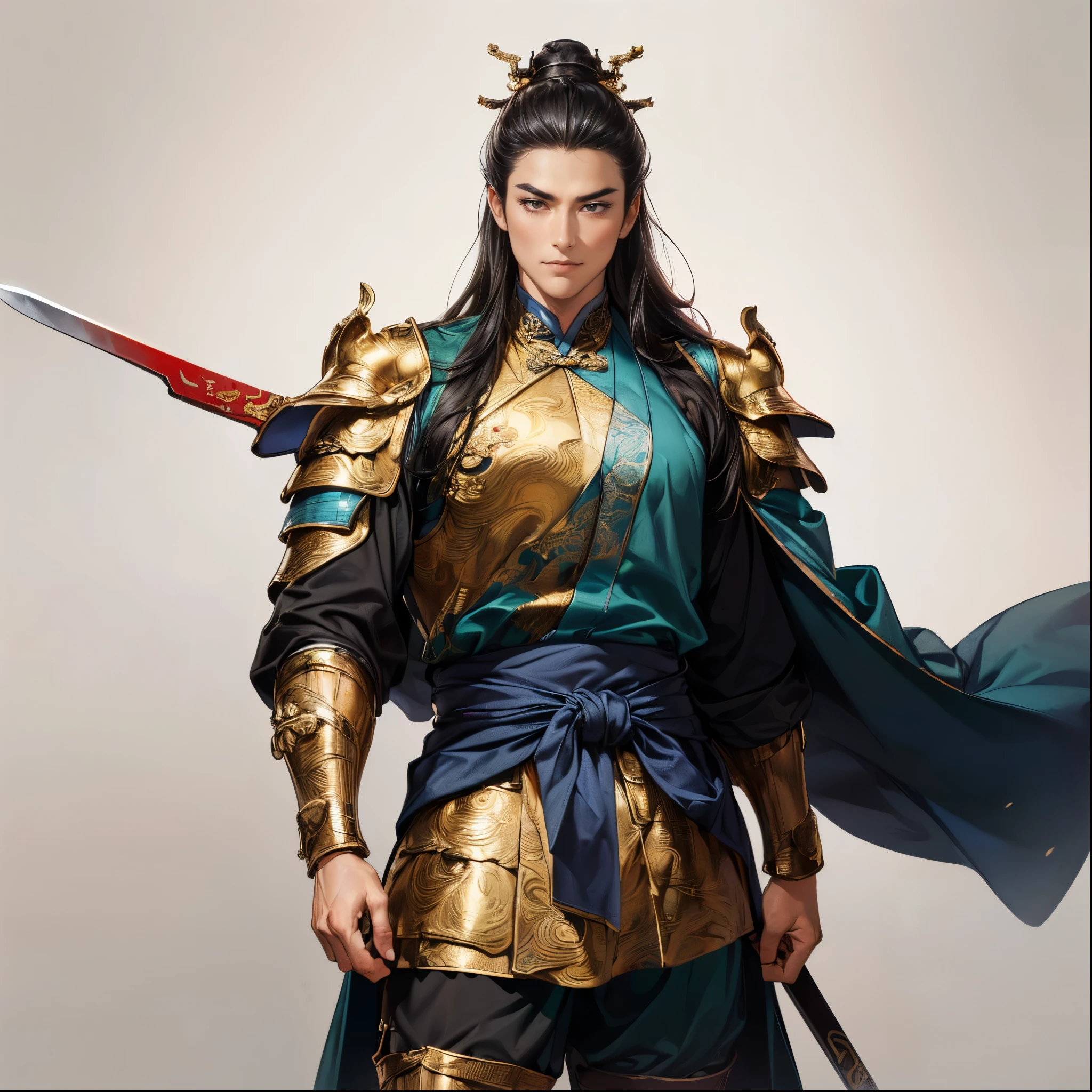 (best quality,4K,8k,high resolution,masterpiece:1.2),super detailed,(super fine illustration),(((Ancient Chinese Man in Armor)))Heroes of the Three Kingdoms:1.2,Age 30,(handsome:1.3,tall,Xiaoyan,Perfectly symmetrical face,Extremely Sexy Man ,detailed eyes:1.3, perfect eyes),The gaze is directed at the viewer:1.2,(( Attractive Dark Eyes :1.3)),((( long black hair perfectly set:1.2))),((fresh smile:1.2,Thin eyebrows,well-trained body)),cinematic lighting, soft shadows,((Ancient Chinese golden armor with gold engraving leading up to detailed works of art:1.3, Thigh brace made with detailed fish scales:1.3,Black costume worn under armor,Large Dark Green Cloak Embroidered with 1 Sheet of Cloth:1.3,Detailed Ancient Chinese Long Straight Sword Carrying His Waist:1.3,Acrobatic pause:1.3)),((Cowboy Shots:1.2)),((white background:1.3,simple background:1.3)),(( standing:1.3,depicted so as not to be able to see everything from the tip of the head to the lower back:1.3,Distant view:1.2)),from below
