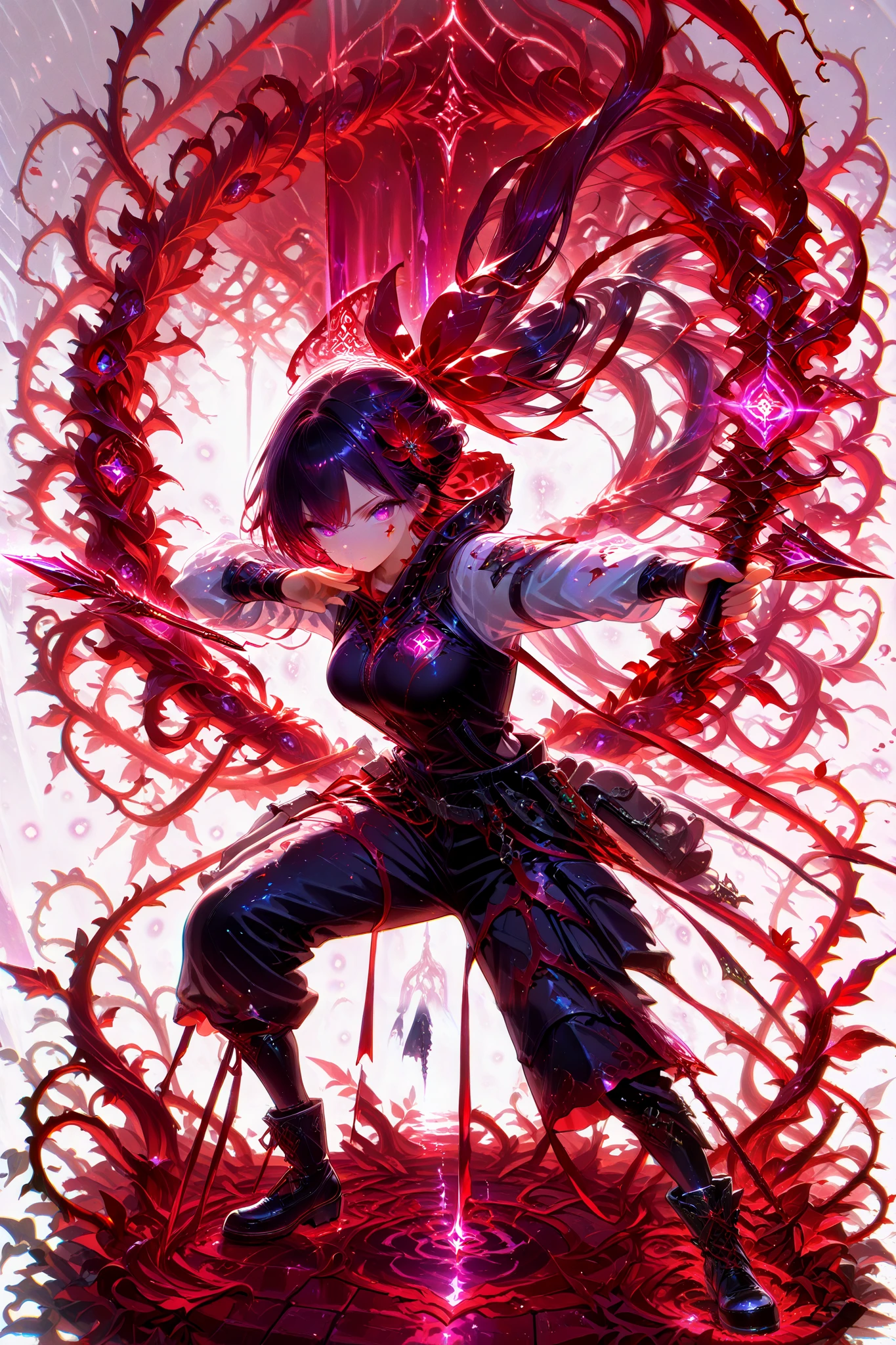 (masterpiece, best quality), amazing quality, very aesthetic, absurdres, newest, HDR, 8K, high detail RAW color art, gacha splash art, 1girl, purple eyes, multicolored eyes, black hair with pruple streaks, very long hair, medium breasts, long sleeves, black corsett, black cargo pants with side pockets, black boots, solo, dynamic pose, Bow and arrow, cool pose, ((red vines on weapon)), surreal, white background, blood, splattered bood, red lilies, magical, fantasy, magic, glittering, glow, chromatic aberration, glowing particles,, clear eyes, perfect eyes, perfect anatomy