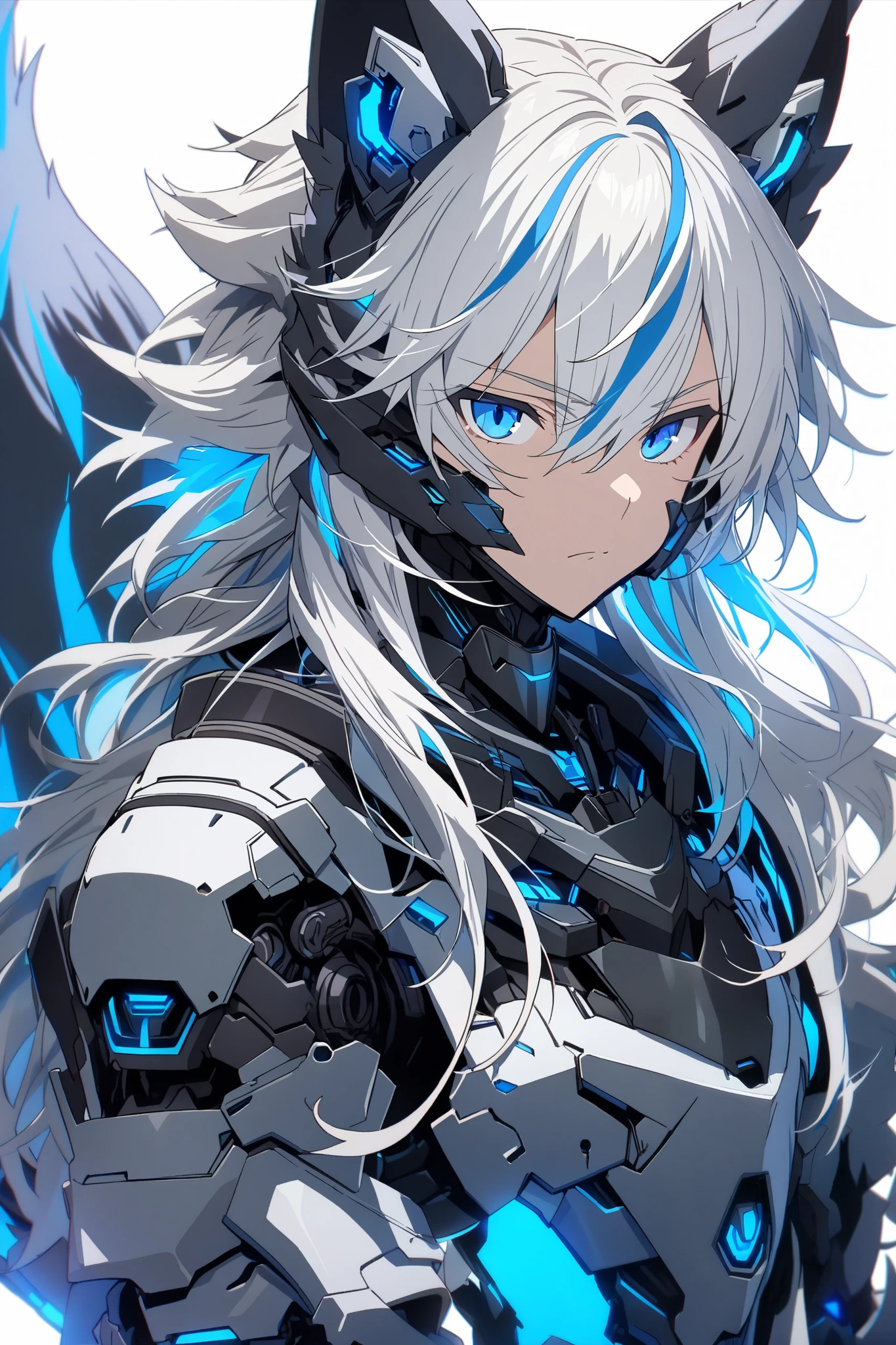 [(WHITE BACKGROUND:1.5),::5], ((masterpiece)), high quality, ultra very high resolution, full color, ((solo)), ((younger boy)), Black cyborg armor, Wolf ear,  (Wolf armor), ((Wolf mechanical tail)), ((men's White hair)), (Blue streaked hair), (SkyBlue eyes), anime, (upper body), Blue neon light,