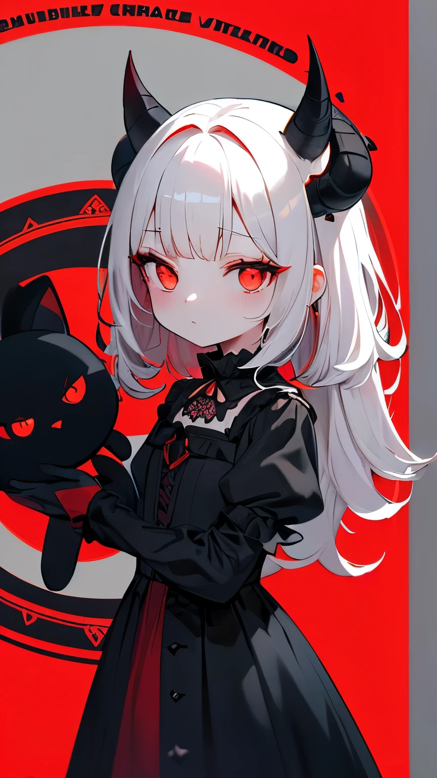 masterpiece, high detail, vertical illustration, dark fantasy, glowing red magic circle at center, elegant gothic border, top title “RURU’S DEMON ANIMAL ENCYCLOPEDIA”, small chibi girl with white fluffy hair and red eyes at bottom, gothic black dress, small black cat plushie with red eyes and horns, dark background with red accents
