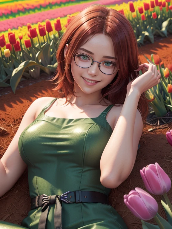 orange hair, beautiful eyes, young girl, round glasses, 1girl, freckles, medium hair, high twintails, dynamic pose, country dress, bare shoulders, hair ribbon, earrings, outdoors, garden, sunlight, day, bush, hand between legs, from above, round breast and squishy, thighhighs, grass, flower, rose, cleavage, blush,