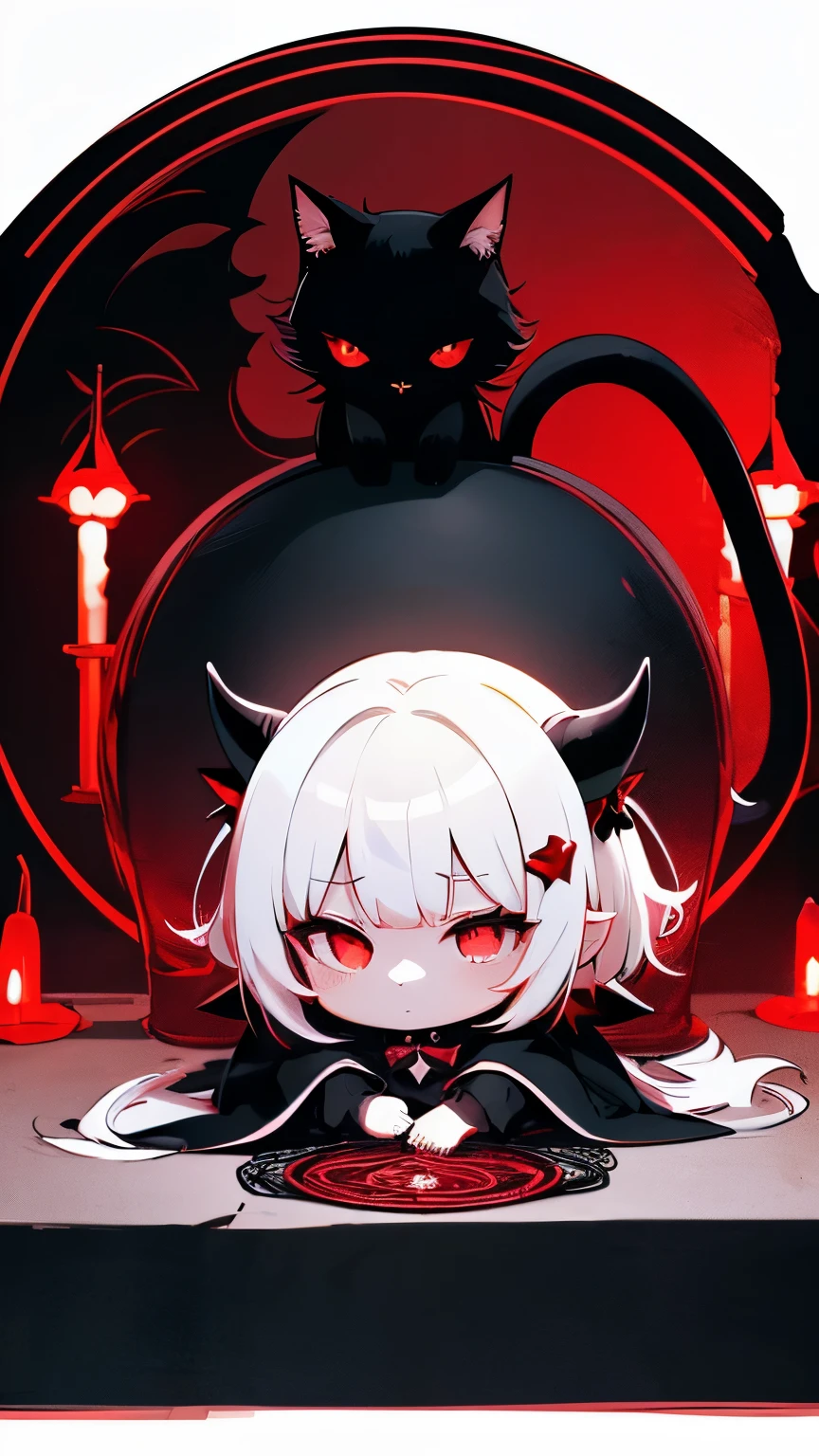 masterpiece, high detail, vertical illustration, dark fantasy, glowing red magic circle at center, elegant gothic border, top title “RURU’S DEMON ANIMAL ENCYCLOPEDIA”, small chibi girl with white fluffy hair and red eyes at bottom, gothic black dress, small black cat plushie with red eyes and horns, dark background with red accents