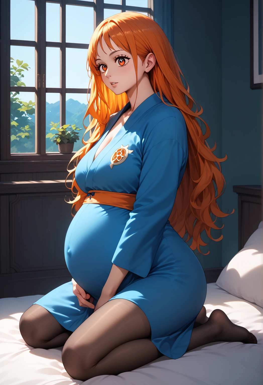 Pregnant, tight sky blue dress, curly long red hair, sexy