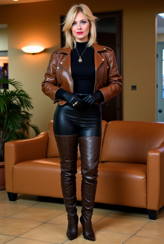 RAW photo, jamiehayter, (high detailed skin:1.2), 8k uhd, dslr, soft lighting, high quality, film grain, Fujifilm XT3, (trench coat), ((sweater)), ((leather pants)), sitting on a chair