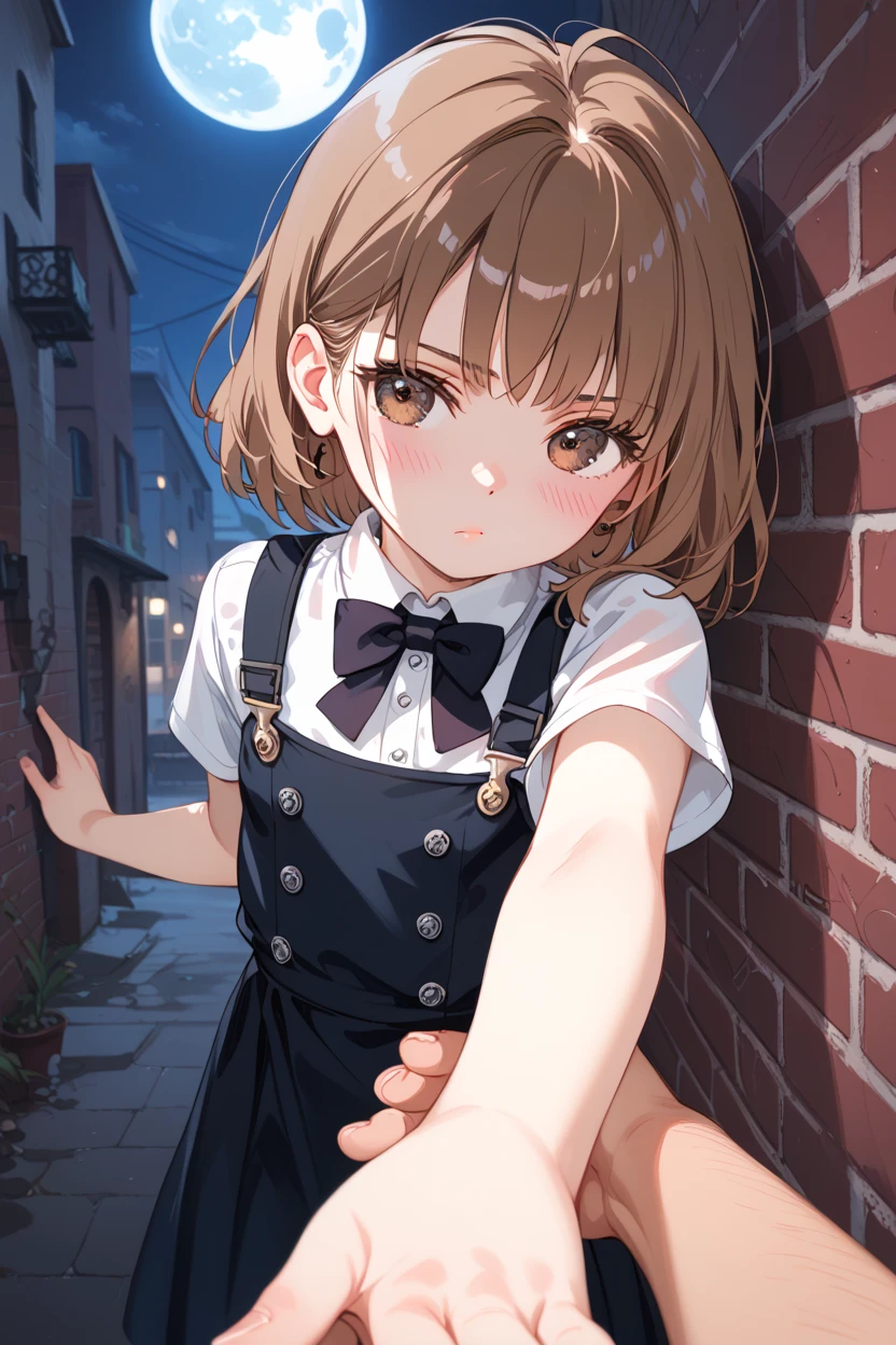 score_9, score_8_up, score_7_up, 
1girl, (man's arm reaches towards girl), ((kabedon pov)), ((Caucasian)), western features, white girl, ((youth, slender body)), ((((short girl))), dark preppy uniform, bashful posture, blushing, shy expression, pouting, (long brown hair, straight brown hair, bangs), (brown eyes), ((textured bangs)), full lips, small , (masterpiece, best quality), , dark night, full moon, high contrast, leaning against a brick wall, urban alleyway with graffiti art, moody lighting with shadows