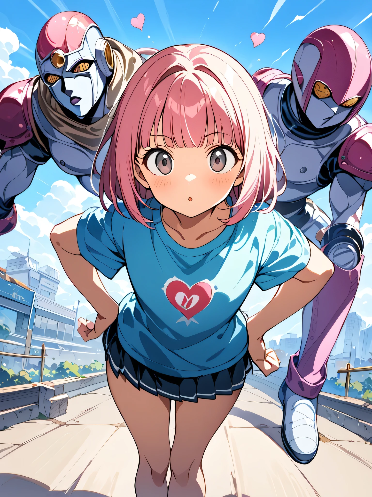 A girl strikes a pose with her hand on her head and her hips thrust forward—bold and dignified, stand(jojo), looking view, standing, ((fullbody)), Source Anime, (Masterpiece), (Best Quality)), (Very Detailed), ((Cute)), (Amazing), (Detailed)), 4K, (8k), Highest Quality , (beautiful), perfect anatomy, ((perfect hands)), (perfect fingers) ultra-definition depiction, break ((1girl)), 16's years old, medium hair, quick bangs, round face, "", pink hair, ((grey eyes)), hair bow, cute eyes, ((light blue long t-shirt with mini skirt)), ((heart on t-shirt:1.3)), natural make up.
​​​​​​​​​​​​​​​​​​​​​​​​​​​​​​​​​​​​​​​​​​​​​​​​​​