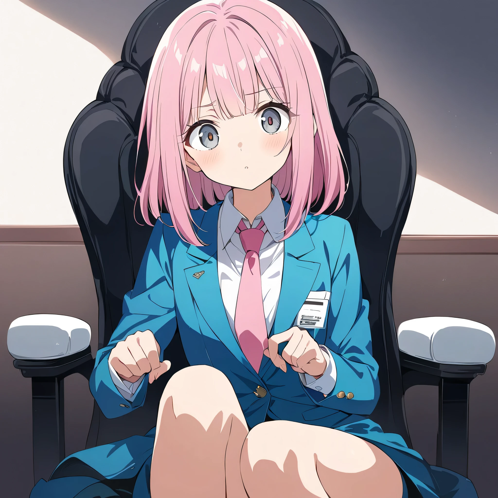 Source Anime, (Masterpiece), (Best Quality)), (Very Detailed), ((Cute)), (Amazing), (Detailed)), 4K, (8k), Highest Quality , (beautiful), perfect anatomy, ((perfect hands)), (perfect fingers)
ultra-definition depiction,
break
(( 1girl )), 16's years old, medium hair, with bangs、round face, pink hair, ((grey eyes)), cute eyes,
break
((A women in a sharp blue suit with a pink tie, sitting in a relaxed yet confident pose on a modern chair. she legs are extremely long, exaggerated to an almost surreal extent. The composition emphasizes his extended legs, making them appear impossibly long. He has a serious and professional expression, looking slightly to the side as if engaged in a deep conversation. The background is minimalistic, with soft lighting creating a professional interview-like atmosphere.))