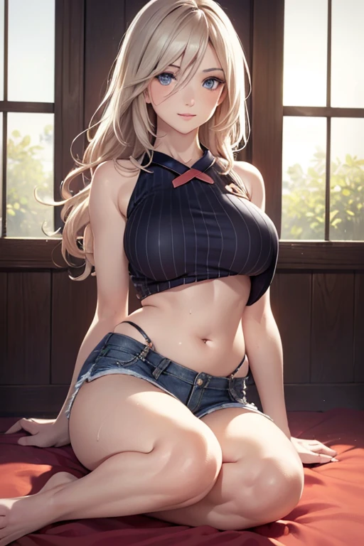 1 beautiful woman, mature woman, long blonde hair, white tank top, navel visible, torn denim shorts, blue police hat, crotch emphasis, spread legs, seduction, bedroom, 5 fingers, super high resolution, sexy pose