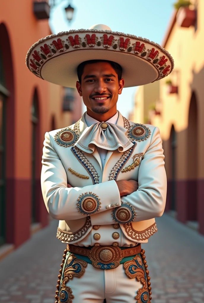 1man, mexican, ceremony outfit, sunny street, smile, looking at viewer, hairy chest, colorful composition, highly detailed, ceremony hair