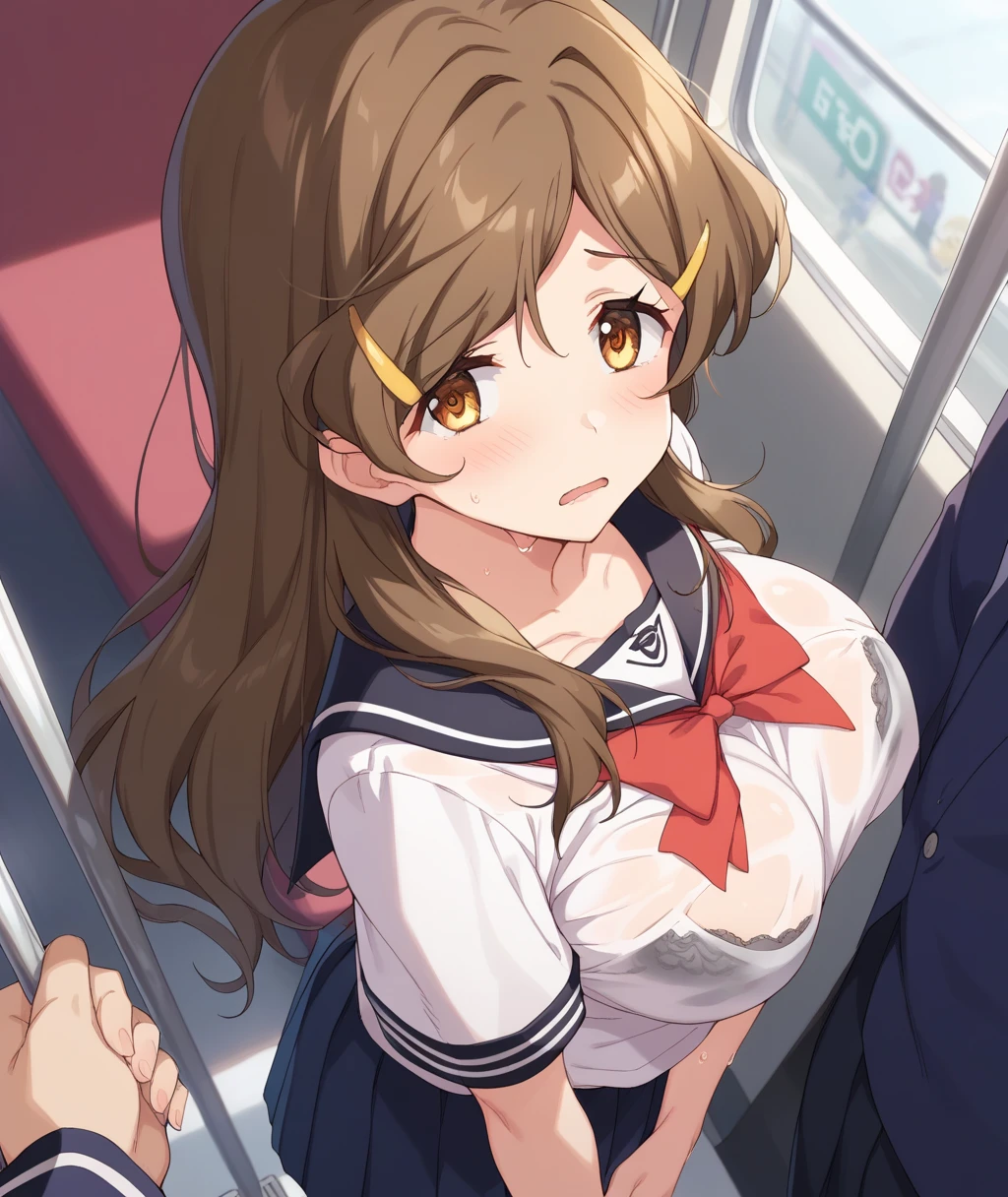 masterpiece,, alone, Yuuki Asuna, ((masterpiece)), High Resolution、(Sucking penis)、Handjob、Sailor suit、Looking up、Shot from above