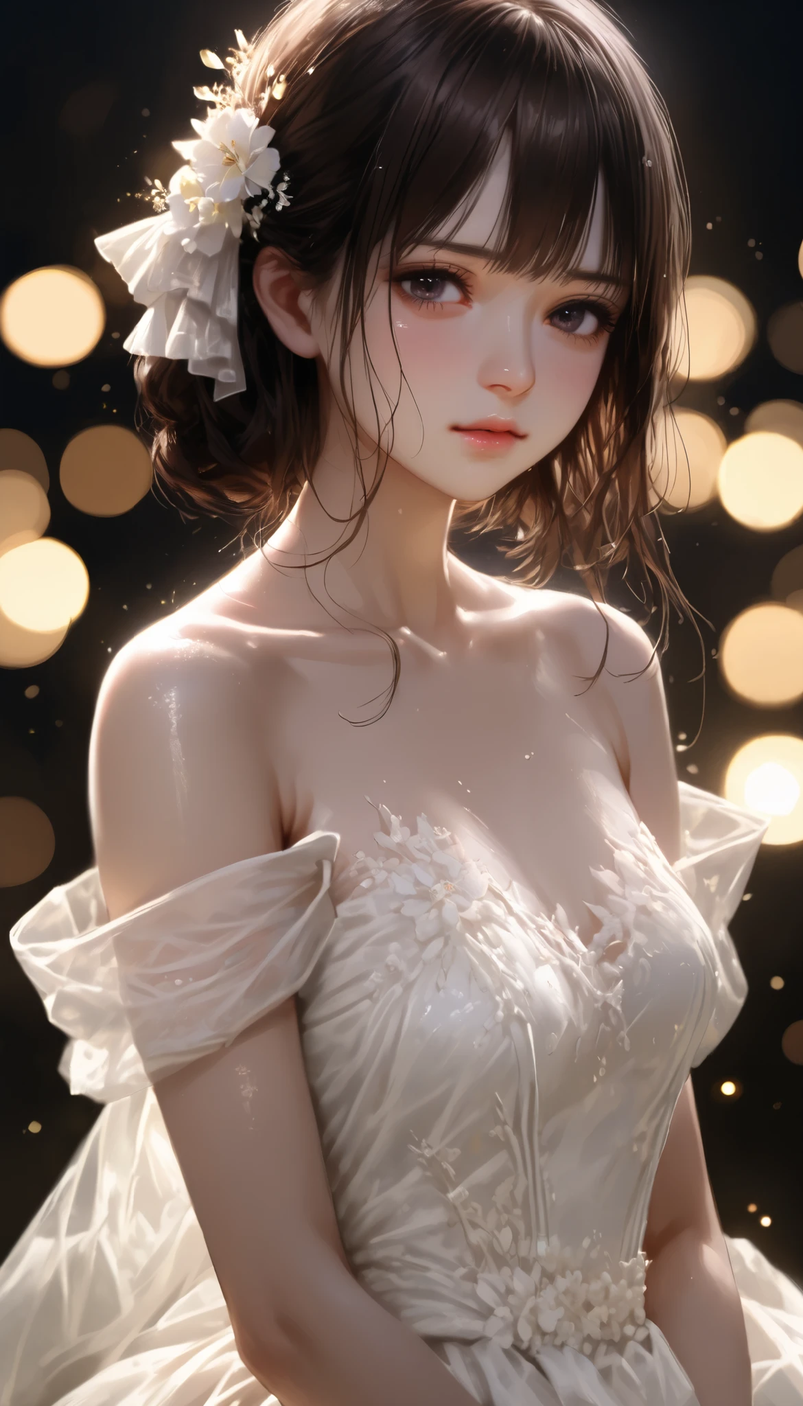 (masterpiece), (highest quality), (become familiar with), light layer, 1 girl, young girl in the forest, sexy transparent colonial dress, perfect body, blonde hair, pronounced chest, defined clavicle, Super realistic, realistic, become familiar with, perky see-through nipples, wet clothes,