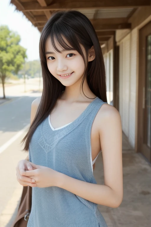 (masterpiece, highest quality:1.4), Award-winning portraits, 8K, 85mm, alone, Beautiful Face, Delicate girl, Biolaces, Gardenia, grace, Sophisticated, cute, , Watching the audience, 15 yw photo, Disorganized, HDR, Sharp focus, Background bokeh、(((Flat 、A slim and delicate body、A youthful atmosphere、Full Body)))、Her shiny, medium-long hair is tied up.、Hair swaying in the wind、Mole on the left cheek、Large, round, dark blue eyes、Full Body、Junior idol、Nogizaka Idol、Mole under the eye、sexy、((basement、Embarrassing appearance、Anxious expression))、