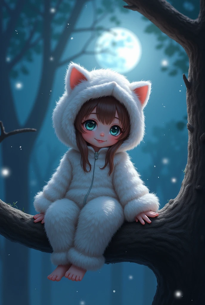 A professional high-quality photo, in 4K resolution, captures in realistic detail a charming girl in a fluffy white pajama with ears and foxtail. She is sitting in the middle of an enchanted forest, where every element is portrayed to perfection. The textures of the pajamas, ears and tail are sharp and palpable. Sunlight falls on the leaves and gently illuminates the girl's face, highlighting each delicate and charming expression --auto --s2