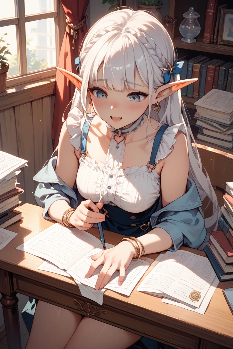 best quality, high_resolution, distinct_image, detailed background ,elf girl with white hair, blue eyes, big boobs, laying on the floor, reading books