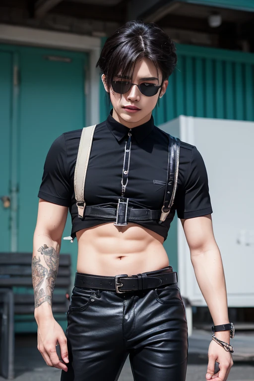 generates an image of a 1boy,asian young man,3 days beard,skinny,twink,normal body with fade cut, who wears a leather harness with a yellow underwear with bulge,