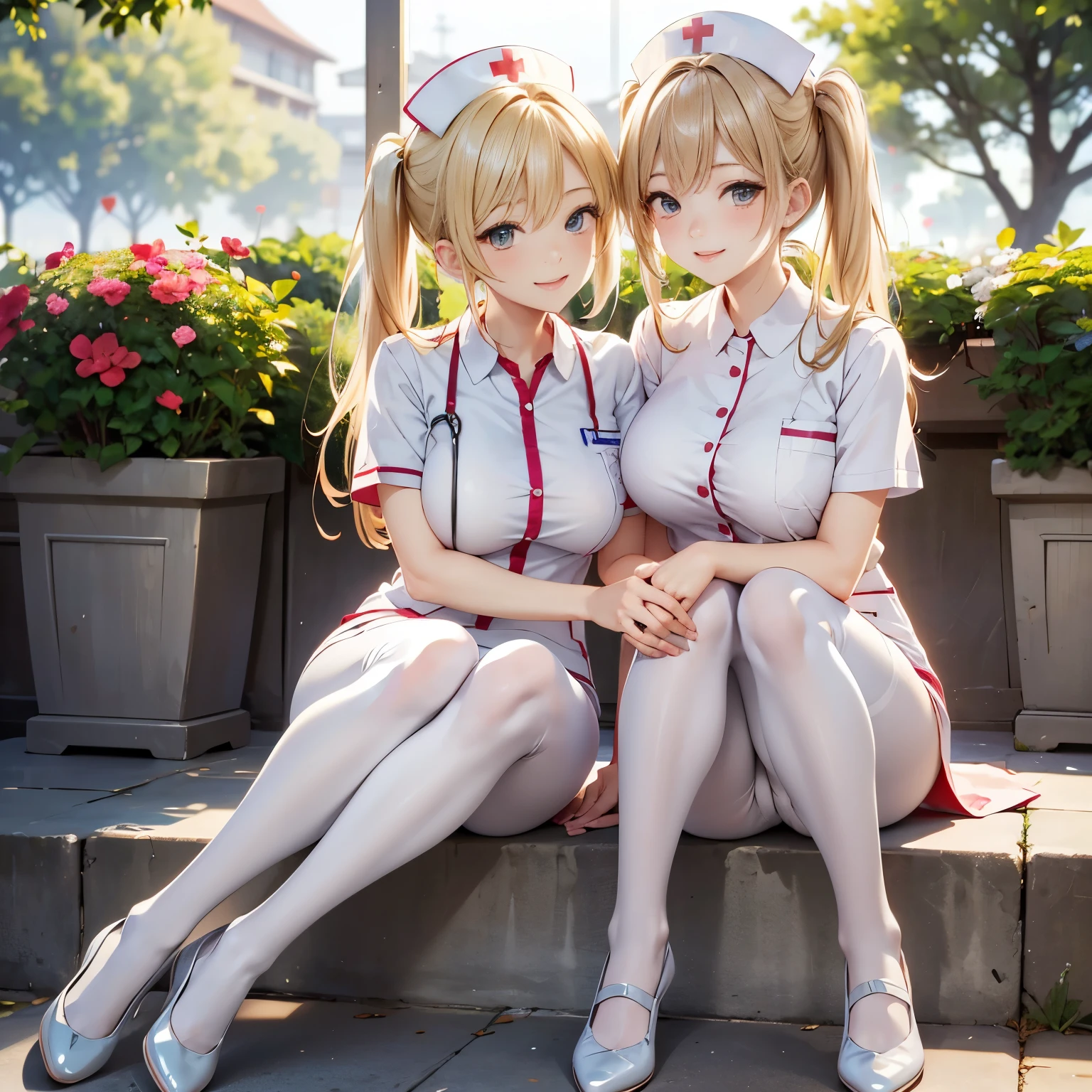 ((2girl : 1.8)), two shot, two women, perfect anatomy, 8k, masterpiece, realistic, detailed, ((all fours)), crawling, pussy sandwich, ((looking back)), ((from behind)), ((ass:1.3)), yuri, wide angle lens, detailed face, delicate facial features, large breasts, early , gleaming skin, (vagina:1.7), elect nipples, ((nurse:1.5)), frilled, sweat, steam, love juice, (anus:1.5), see-through, high-definition images, ((anatomically complete:1.2)), accurate legs, atmospheric perspective, super detail, best quality, different color clothes, ((show off nipples:1.9)), open mouth, (ecstasy face), (drooping eyes, blush sleepy), slut, (showing off her areola), cute face, accurate arms, perfect legs, perfect hands, perfect arms, perfect body, (different hair style:1.3), (different face:1.3), ((hair up)), 1girl is black hair and another girl is blonde hair, natural pause, balanced body, ((no extra legs)), no extra hands, no long neck, natural, 2 legs, 2 hands, ((open clothes:1.5)), ((two girls lined up)), Both of them have their clothes open, ((large breasts)), female public hair, one small pussy, natural skin, ((looking at viewer)), from below, accurate fingers,