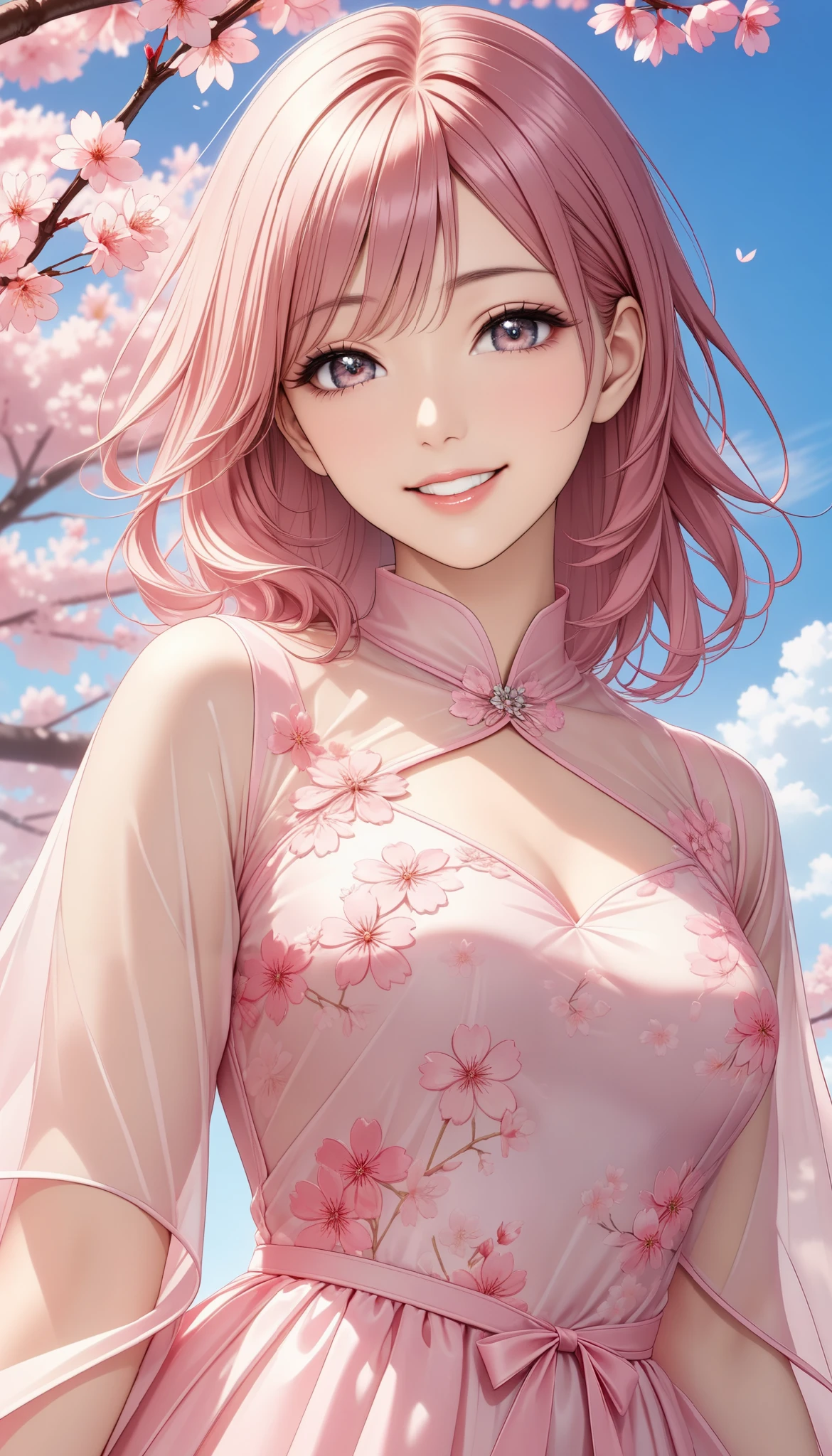 1 Beautiful Girl , Cherry Blossom Dressの女性, ( laugh, older), beautiful eyes, glossy lips , very detailed顔, long eyelashes, (standing, leaning against a cherry tree), face close-up, sexy, slender body, (Cherry blossom texture, Cherry Blossom Dress, Spring outfit, Sakura Costume, Cherry blossom pattern, elegant, Cherry blossom motif dress, Cherry Blossom Sheer Tunic, see-through), under a cherry tree, (blue sky background, Cloudless sky), spring cherry blossom viewing background, (best quality:1.2,very detailed,CG illustration,masterpiece:1.2,best aesthetics),