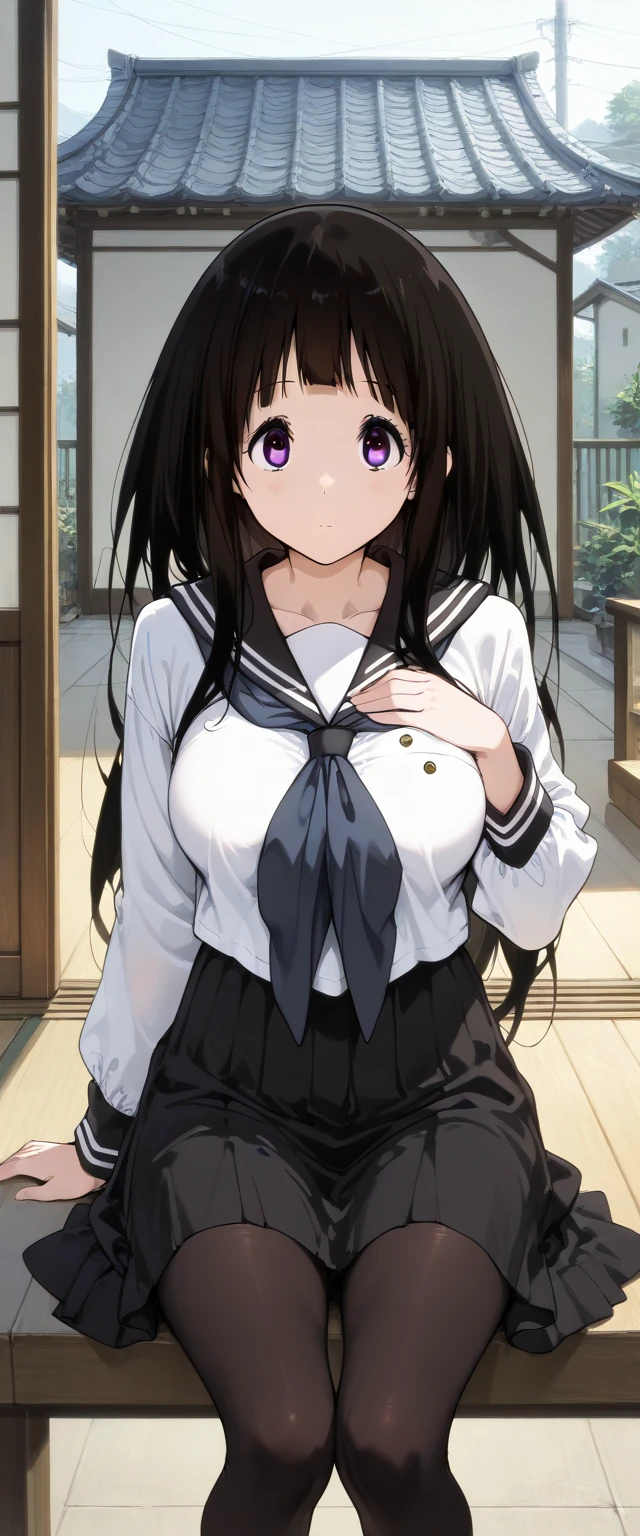 eruchitanda, This is Chitanda, Long Hair, Black Hair, bangs, blunt bangs, (Purple eyes:1.1), Side Lock, smile, skirt, , serafuku, kamiyama high \(hyouka\), Black Skirt, Long sleeve, Black sailor collar, 
Stiff shoulder, (Big Breasts:1.5), Hot face, 赤面 break, break 教室, blackboard, machine, Chair, School Bags, Tabletop, ((Back view:1.3)), turn around, break looking at viewer, (Cowboy Shot:1.5), ((Dutch Angle:1.3)), ((spread legs:1.3)), ((Showing panties:1.3)), break (masterpiece:1.2), highest quality, High resolution, unity 8k wallpaper, (figure:0.8), (Beautiful fine details:1.6), Highly detailed face, Perfect lighting, Highly detailed CG, (Perfect hands, Perfect Anatomy),

