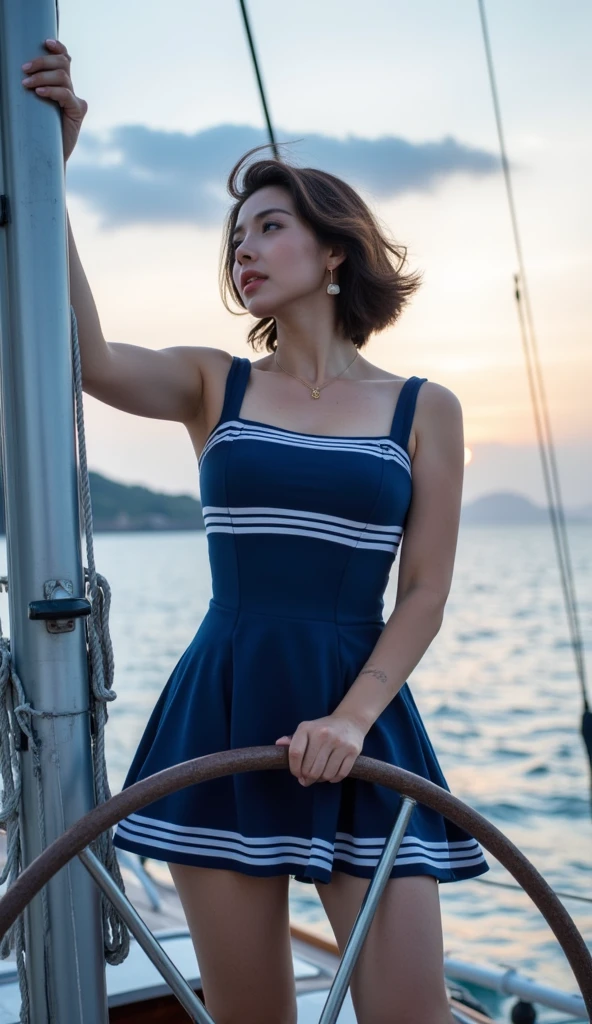 35mm film photography, Joyful, smiling kazakh woman pin-up woman posing beautifully smiling on a yacht clear weather summer sky blue bright sun in hands cocktail retro style pin-up green dress with polka dots dancing